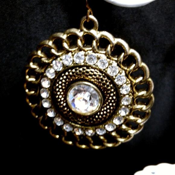 Vintage Clear Rhinestones Mesh Link Chain Round Drop Earrings, 2 Inches - Picture 4 of 8